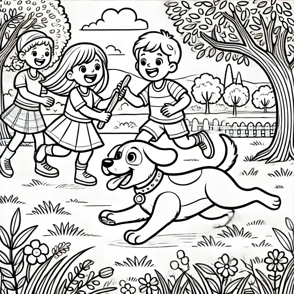 Dibujo para colorear de niños jugando con perro