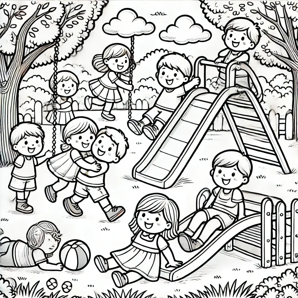 Niños jugando en el parque - Dibujo para colorear