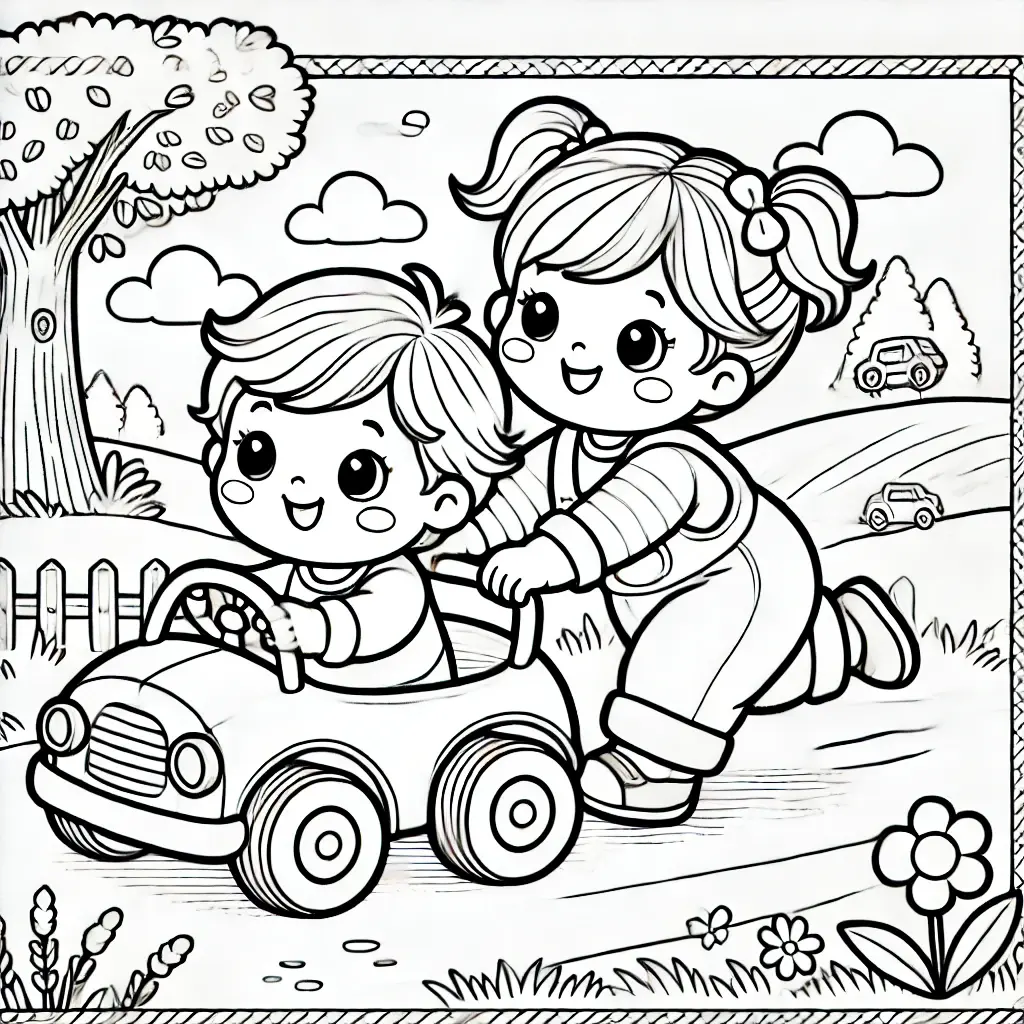 Dibujo para colorear de niños jugando con auto