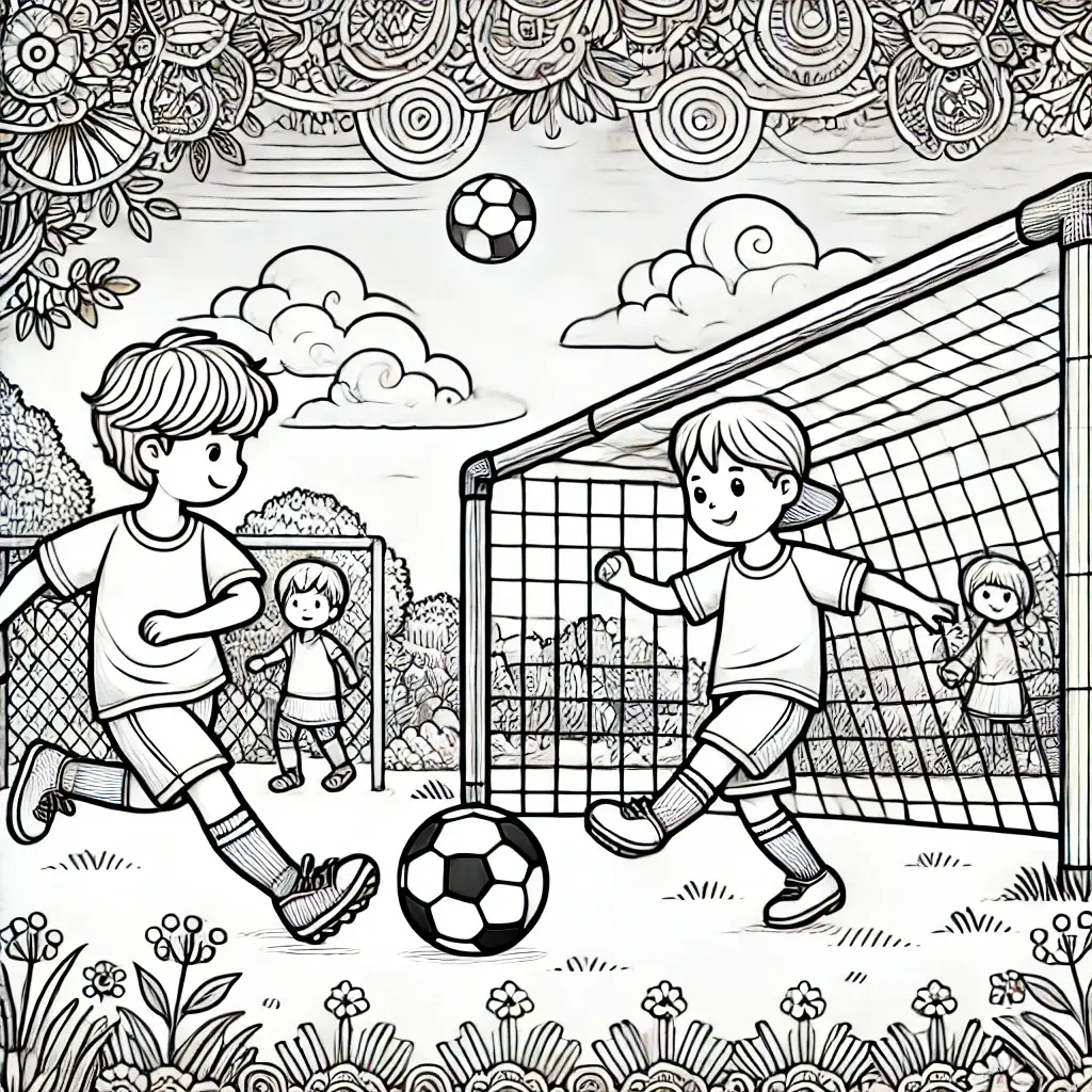 Dibujo para colorear de niños jugando al fútbol