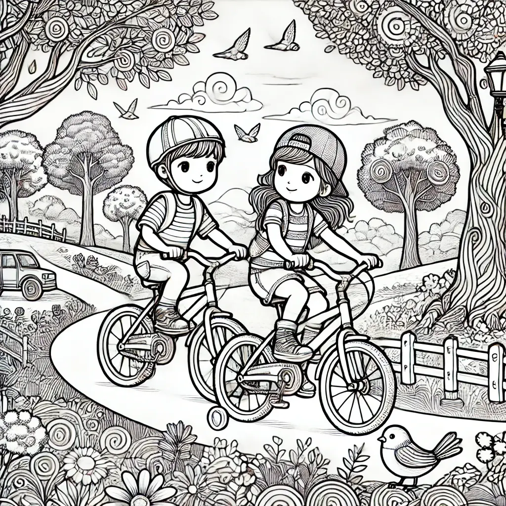 Niños montando en bicicleta para colorear