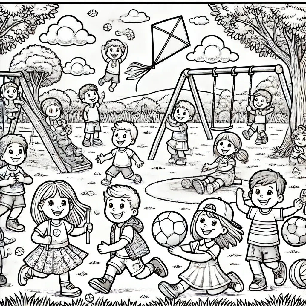 Dibujo para colorear de niños jugando en parque