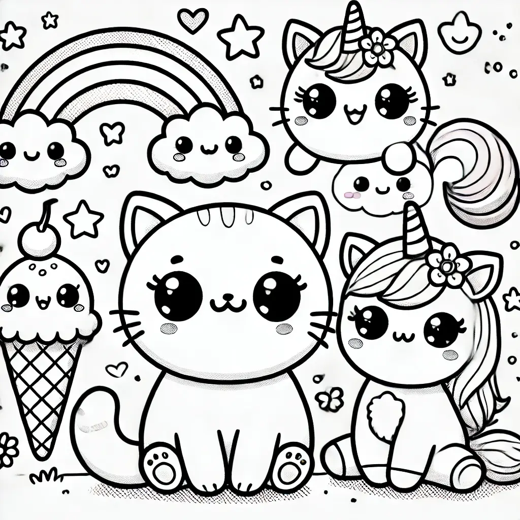 Dibujo gato y unicornios kawaii para colorear