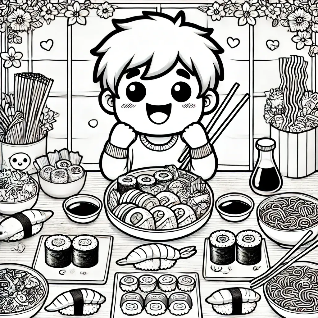 Dibujo niño comiendo kawaii para colorear