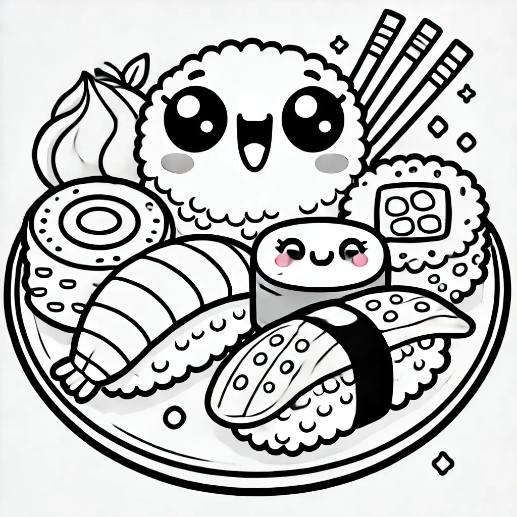 Plato sushi kawaii para colorear