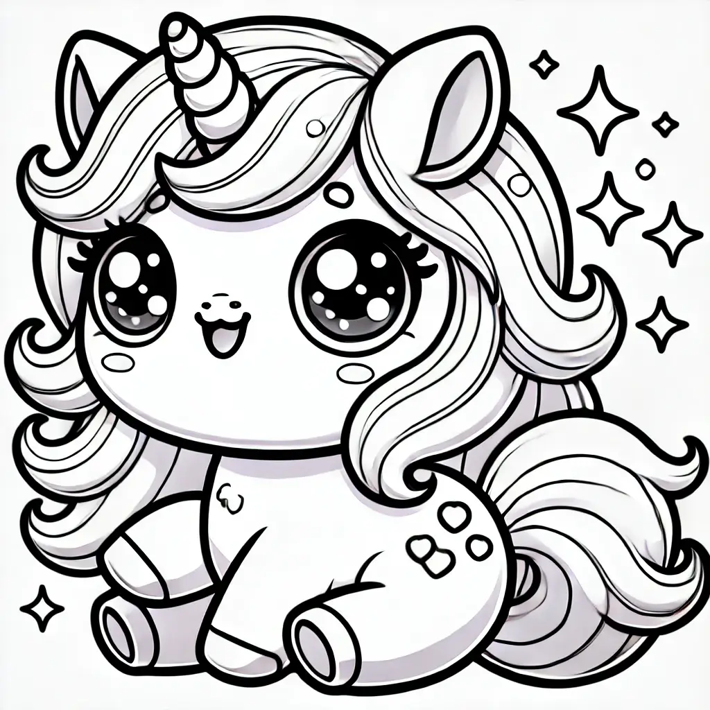 Dibujo de bebé unicornio kawaii sentado para colorear