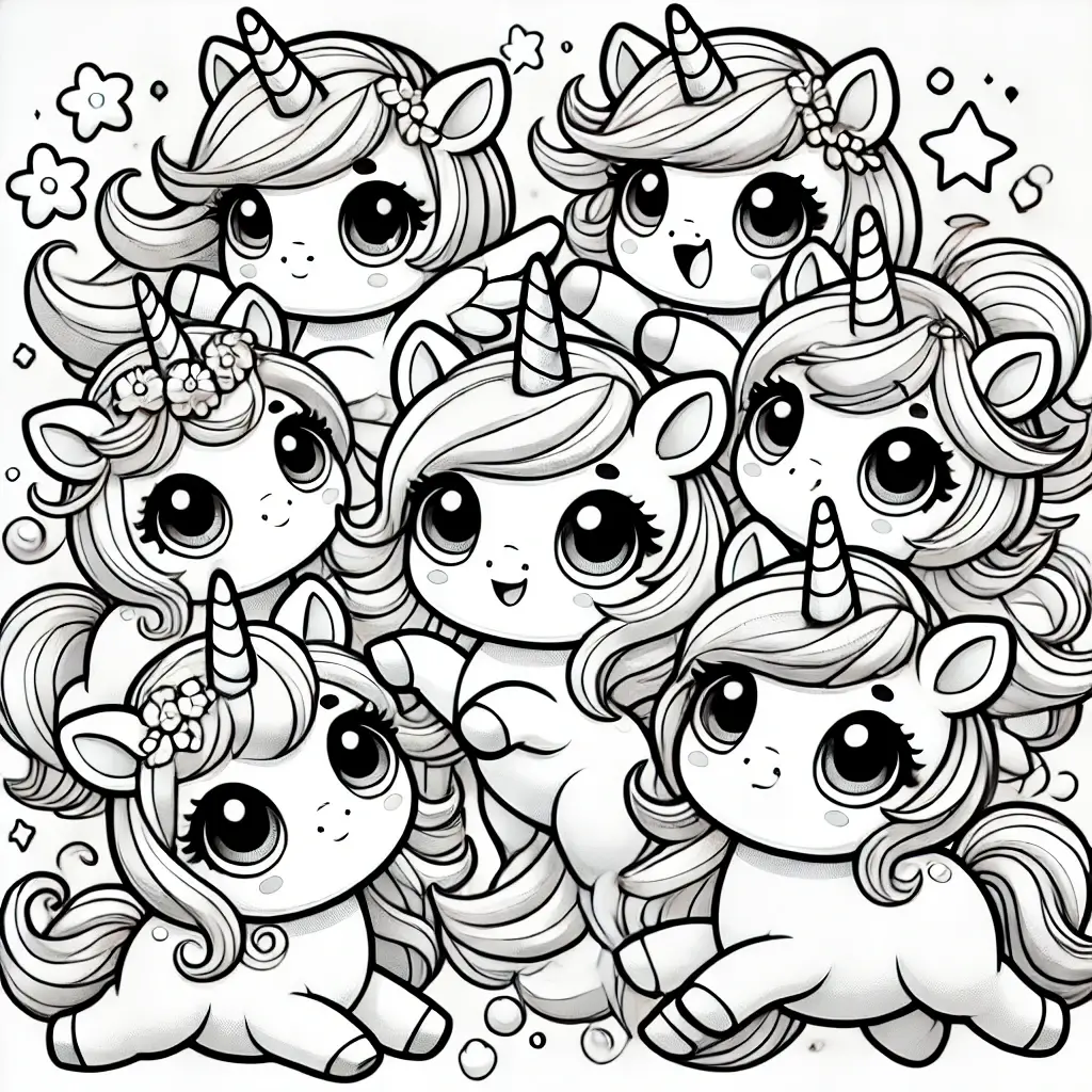 Dibujo de unicornios estilo kawaii para colorear