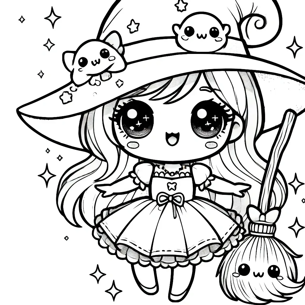 Dibujo de bruja kawaii bonita para colorear