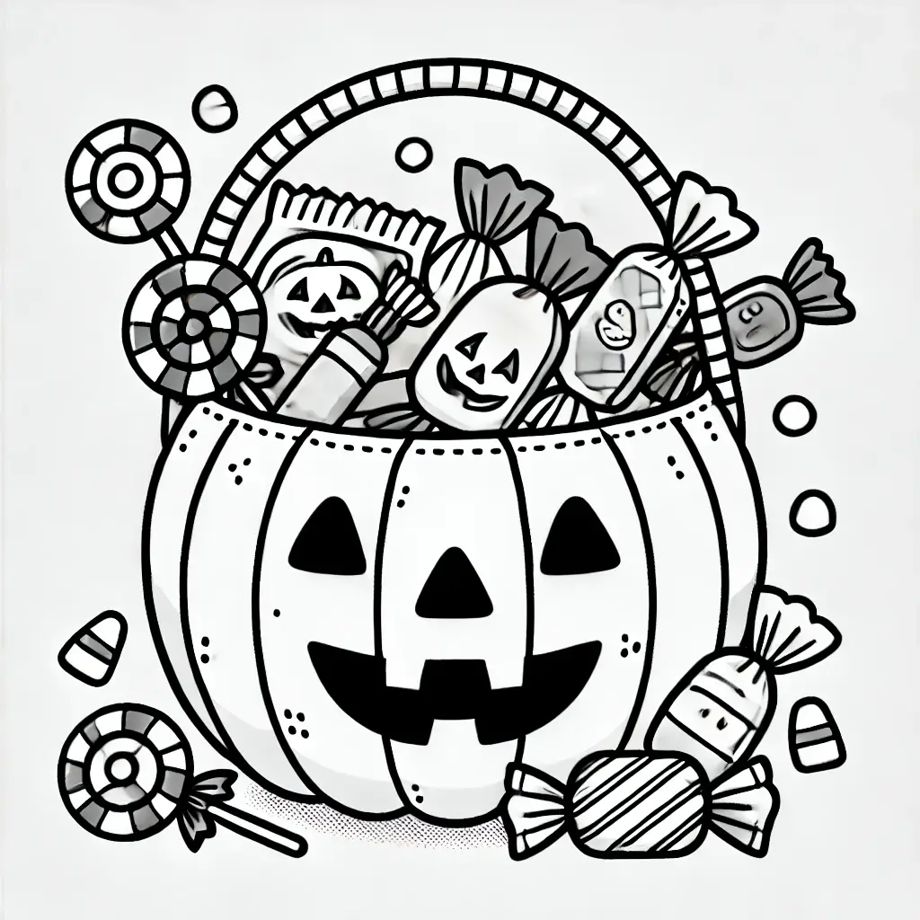 Dibujo de cesta de caramelos y golosinas de halloween para colorear