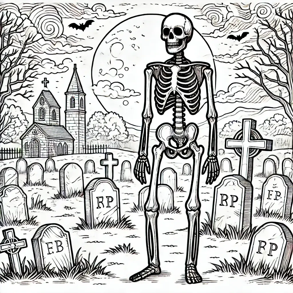 Dibujo de esqueleto en cementerio halloween para colorear