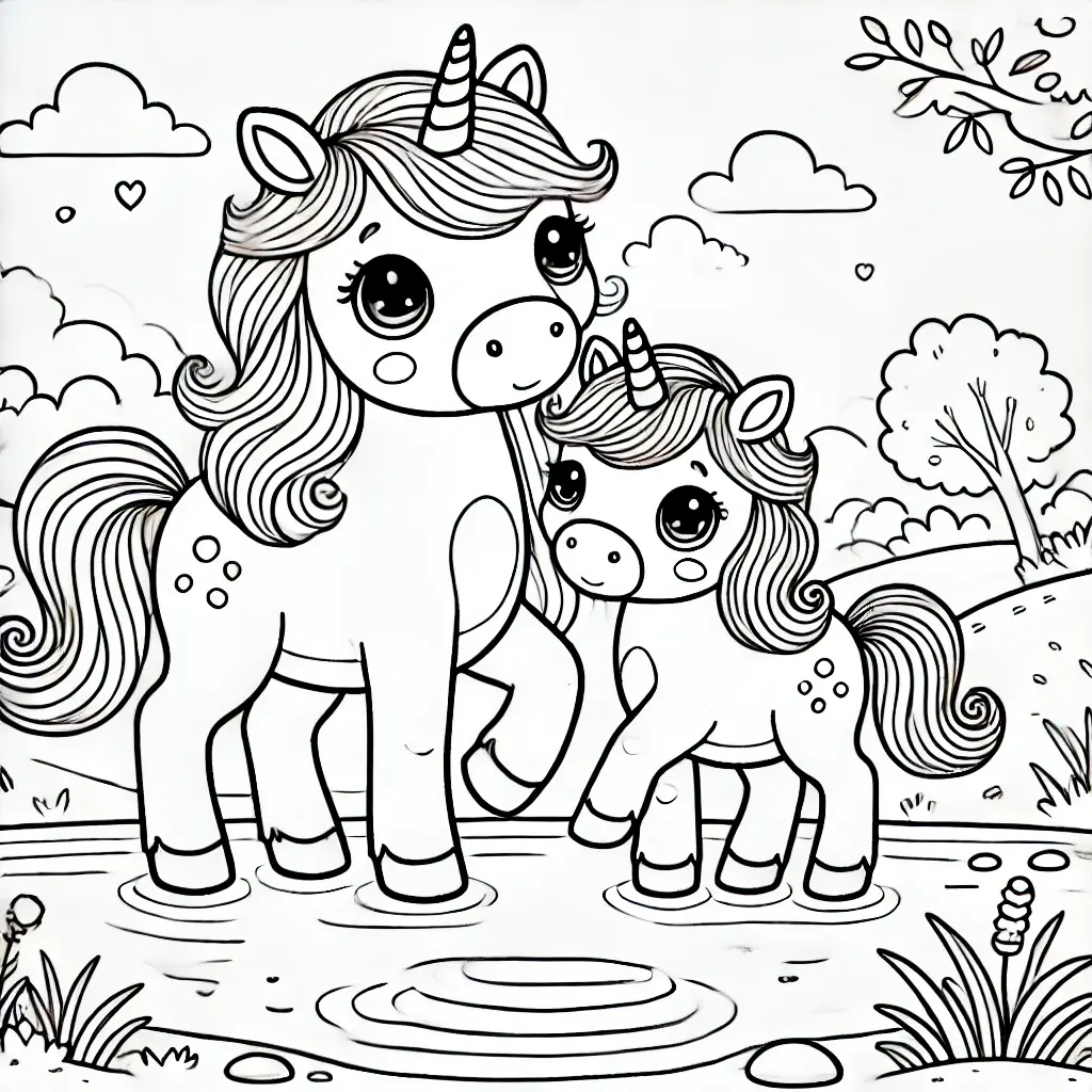 Dibujo de mamá unicornio con bebé para colorear