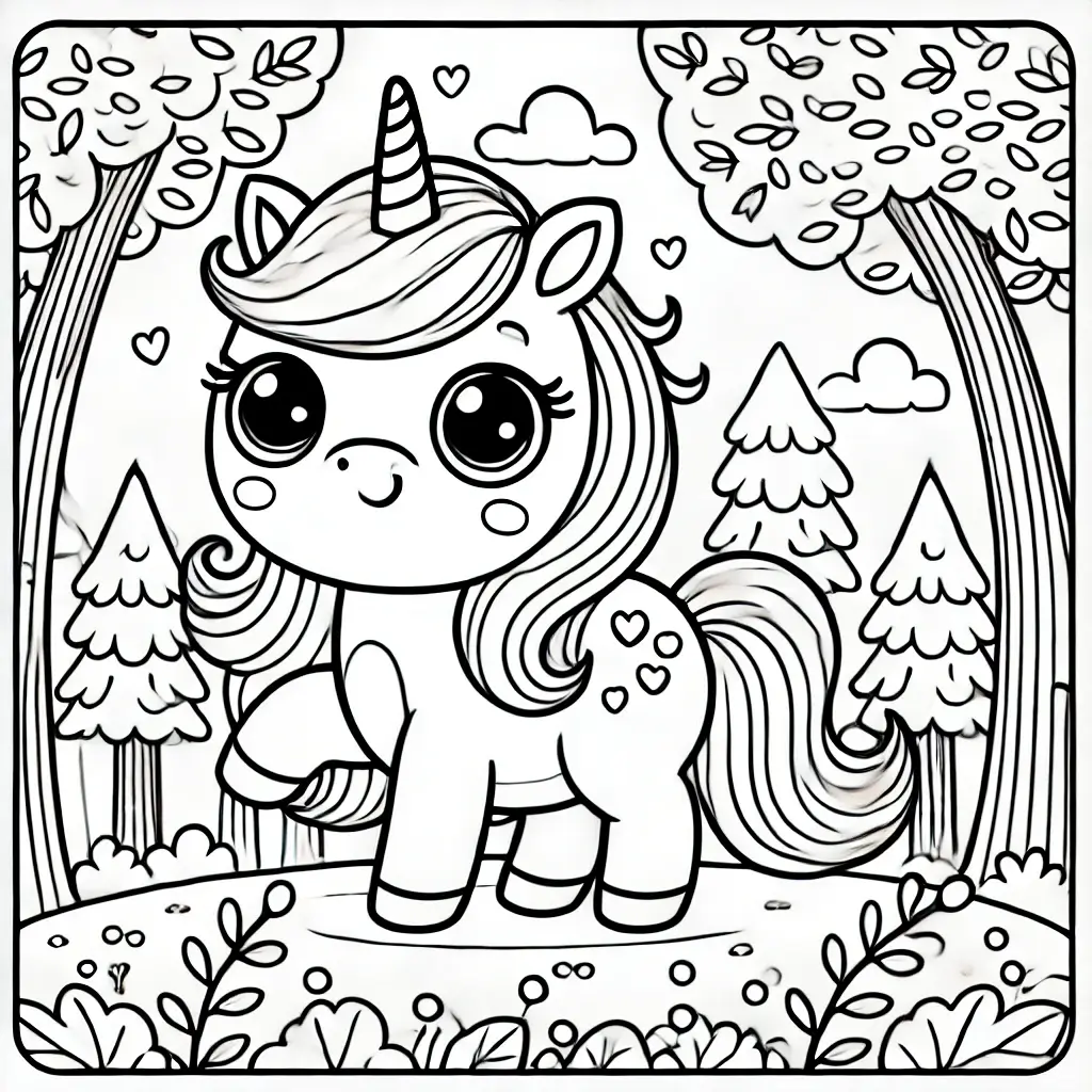 Unicornio feliz en el bosque para colorear