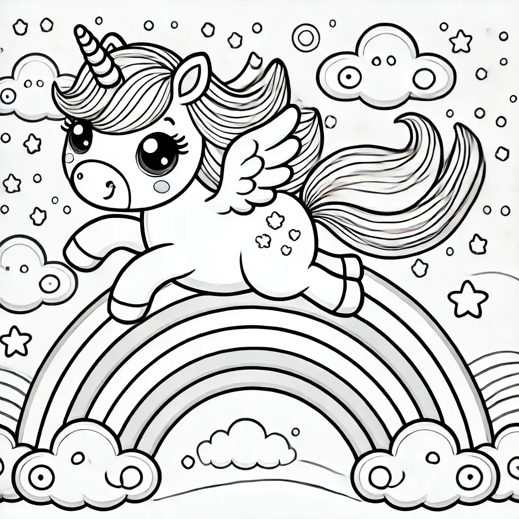 Dibujo de unicornio sobre arcoiris para colorear