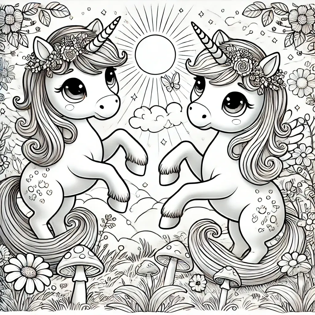 Dibujo de unicornios con flores para colorear