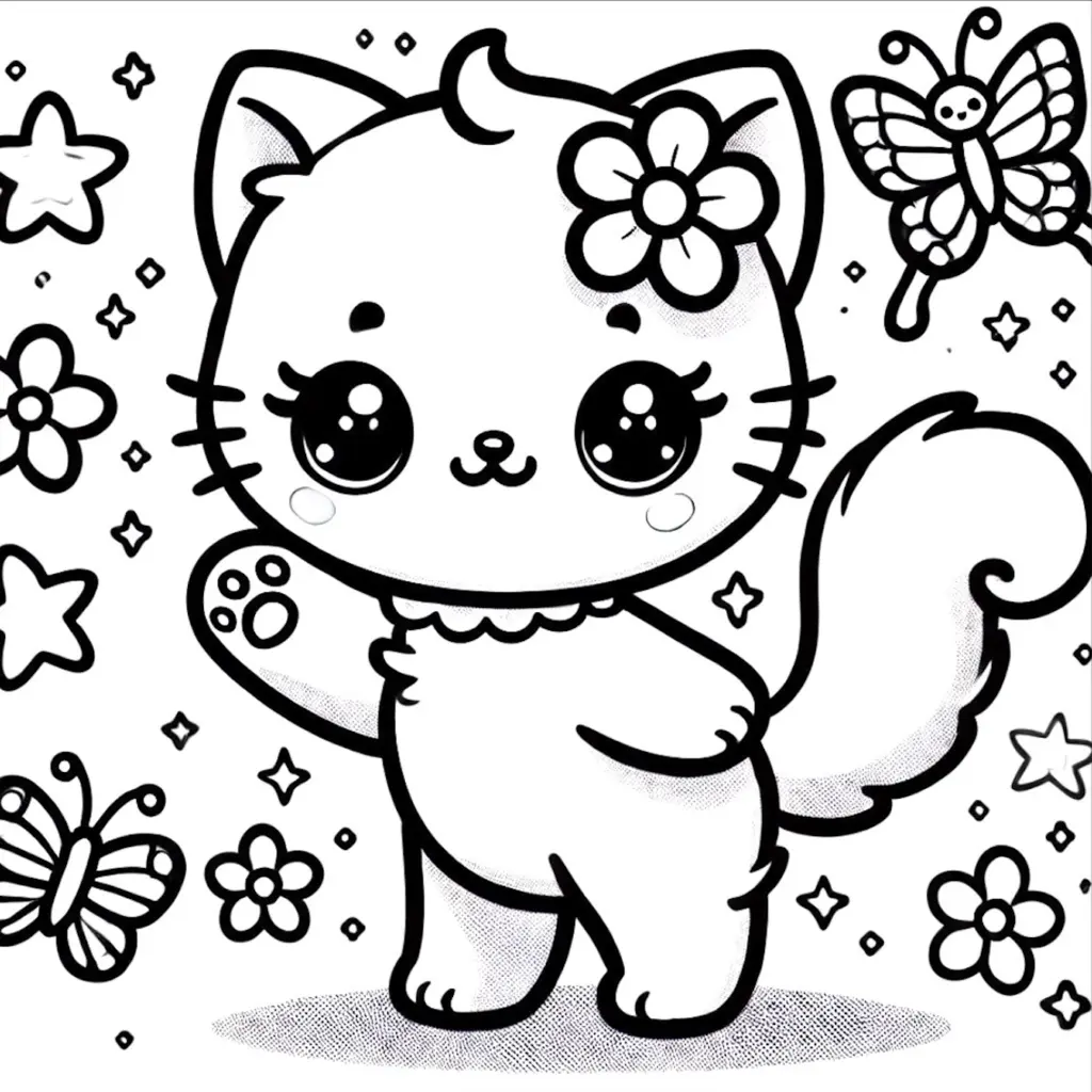 Dibujo de gatita Kawaii feliz para colorear