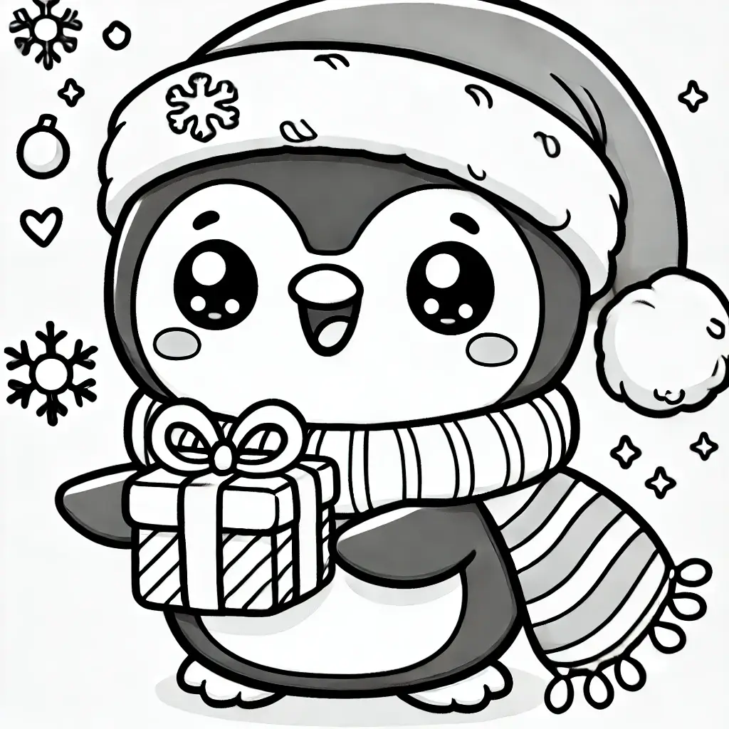 Pingüino de Navidad kawaii para colorear