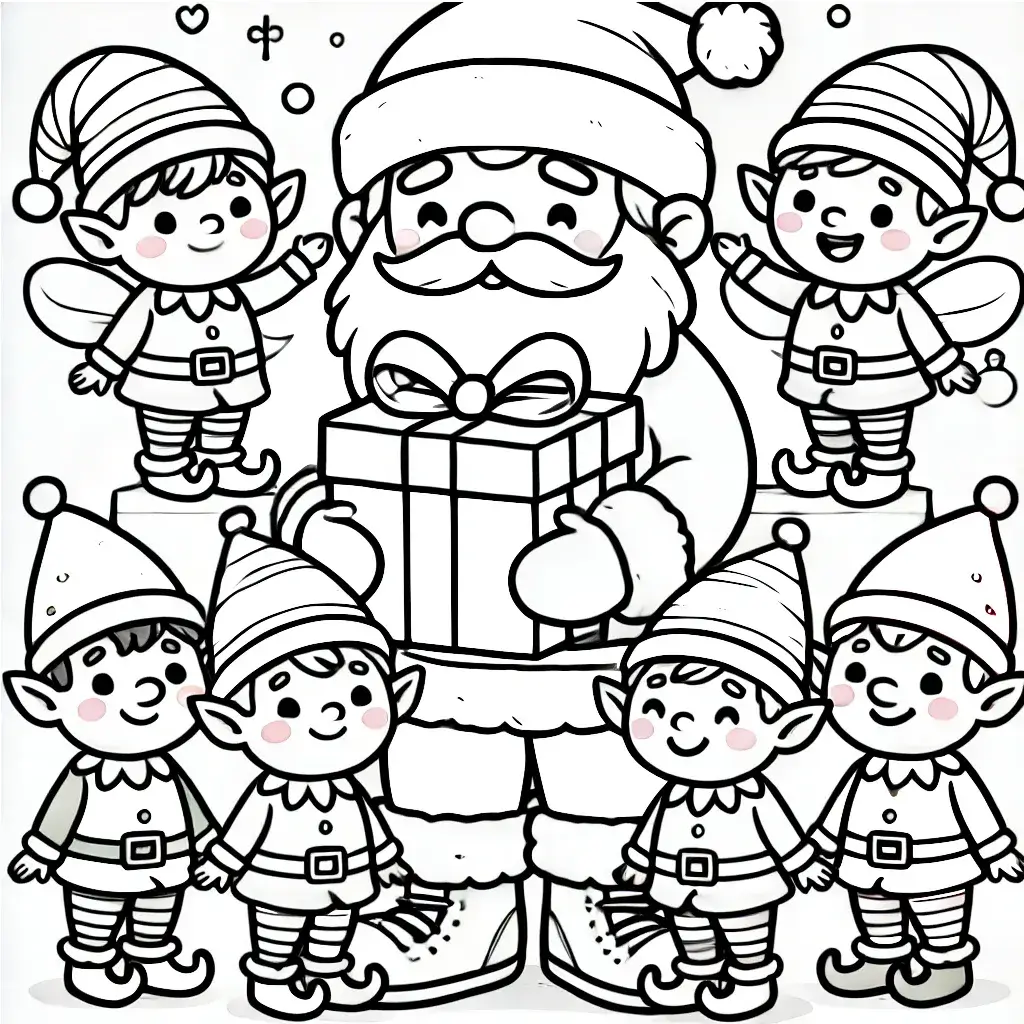 Santa Claus con los elfos para colorear