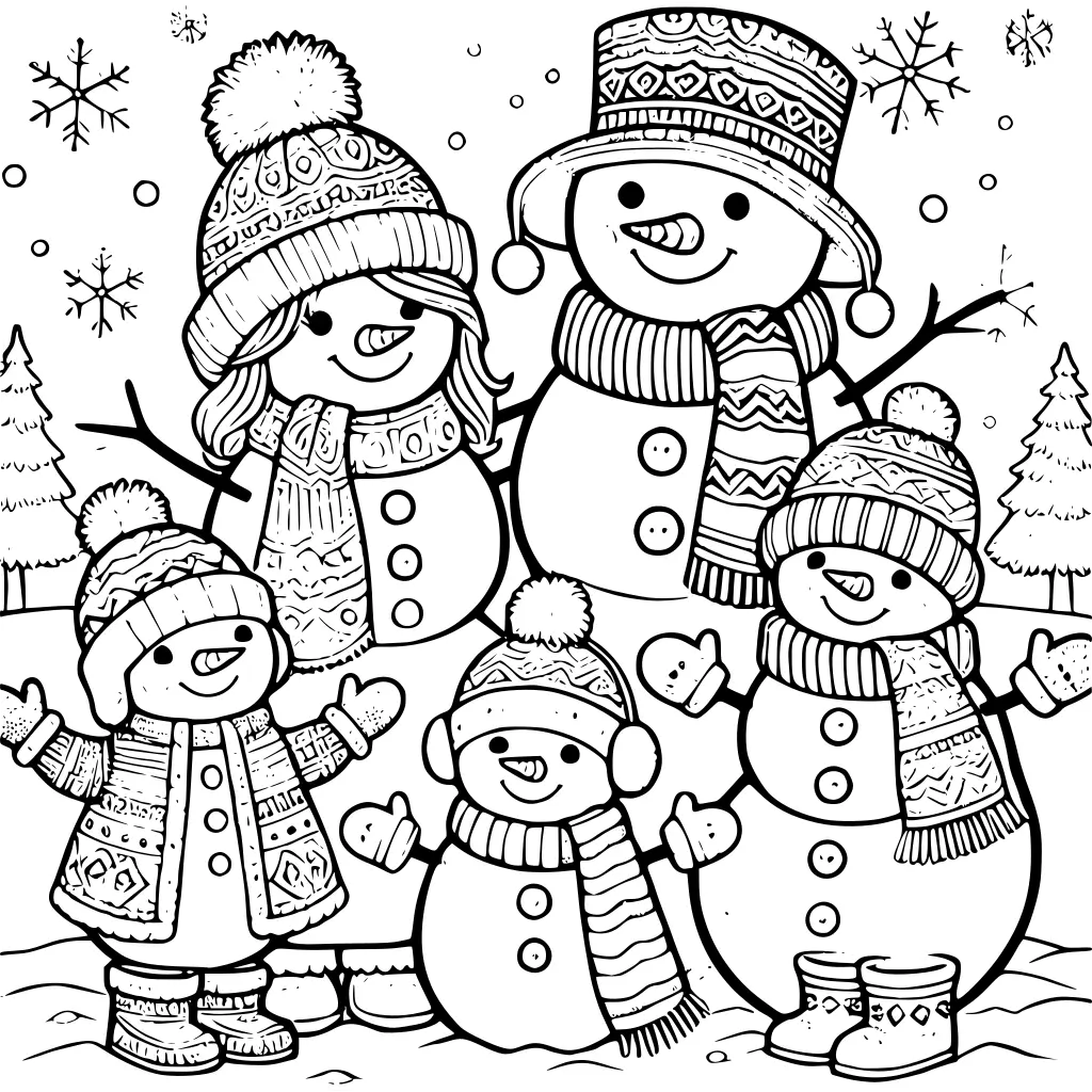 Dibujo de familia de muñecos de nieve para colorear